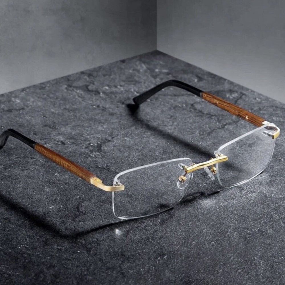 Vintage Men's Rimless Gold Frame Retro Hip Hop Luxury Wood Clear Lens Glasses